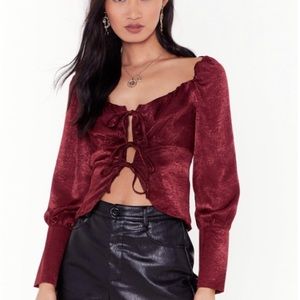 Burgundy Satin Tie Blouse